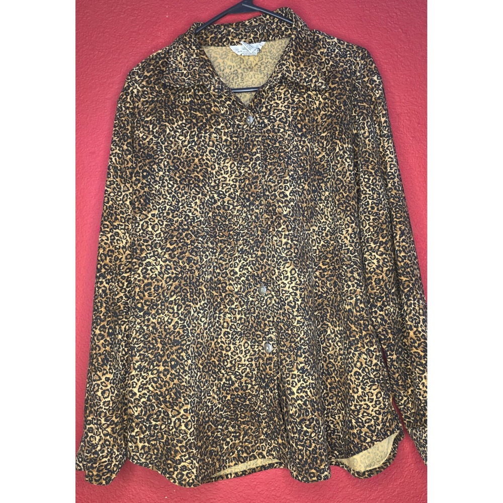 Vintage Leopard Print Long Sleeve Button Down Shirt Womens Animal Print